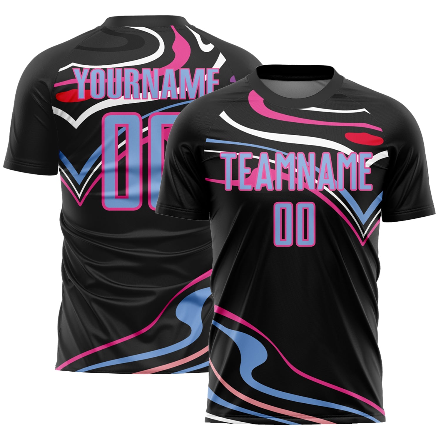 Custom Black Light Blue-Pink Fluid Shapes Sublimation Soccer Uniform Jersey - Main View
