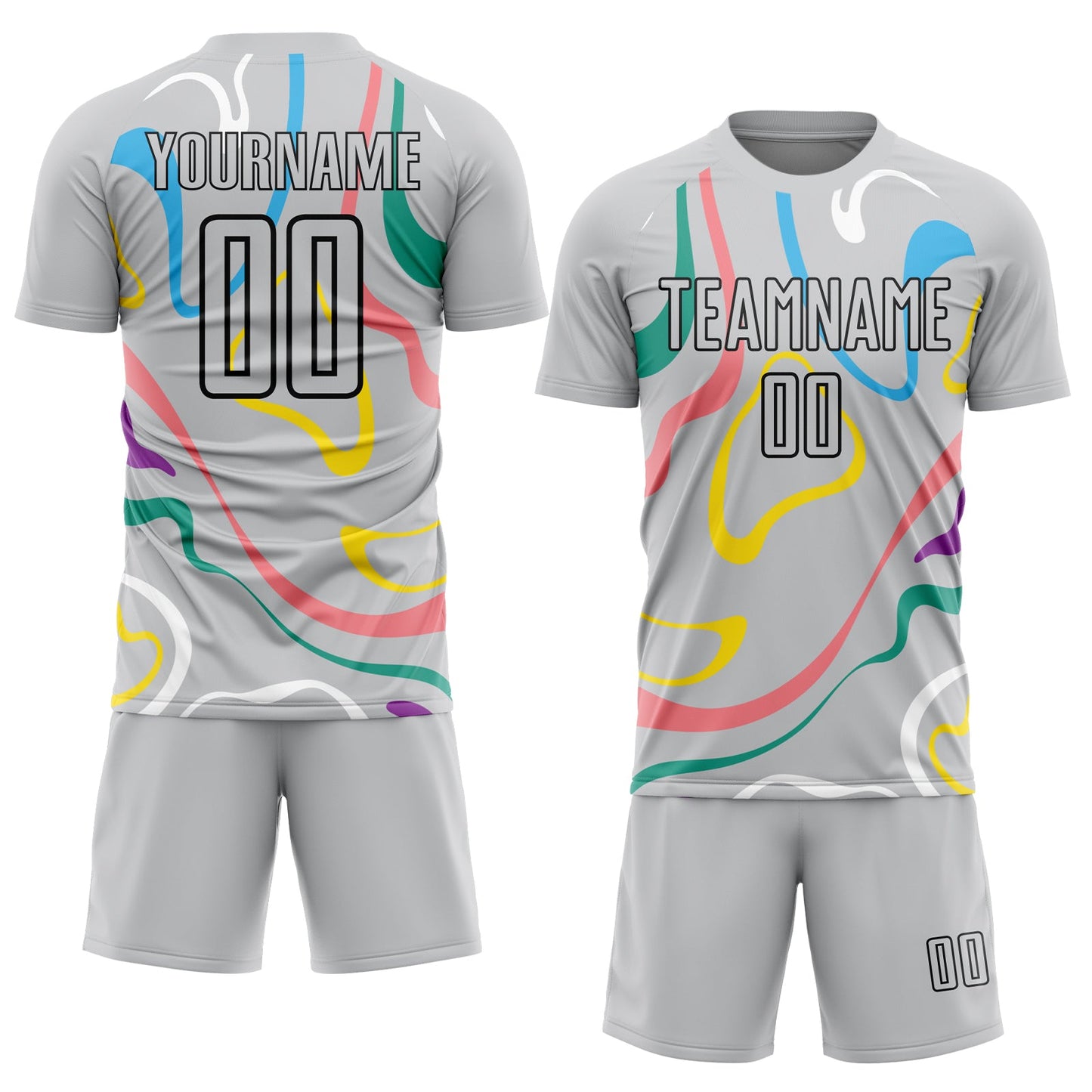 Custom Gray Black Fluid Shapes Sublimation Soccer Uniform Jersey view 2