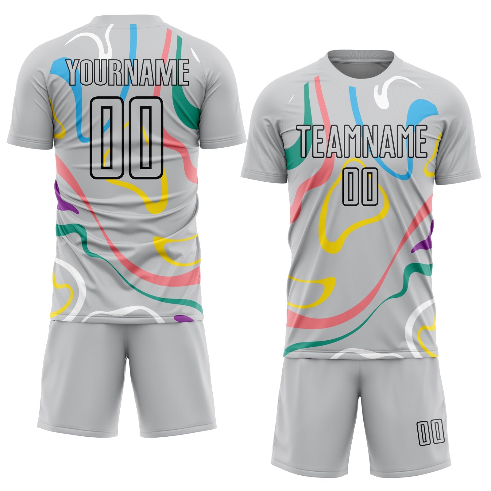 Custom Gray Black Fluid Shapes Sublimation Soccer Uniform Jersey view 2