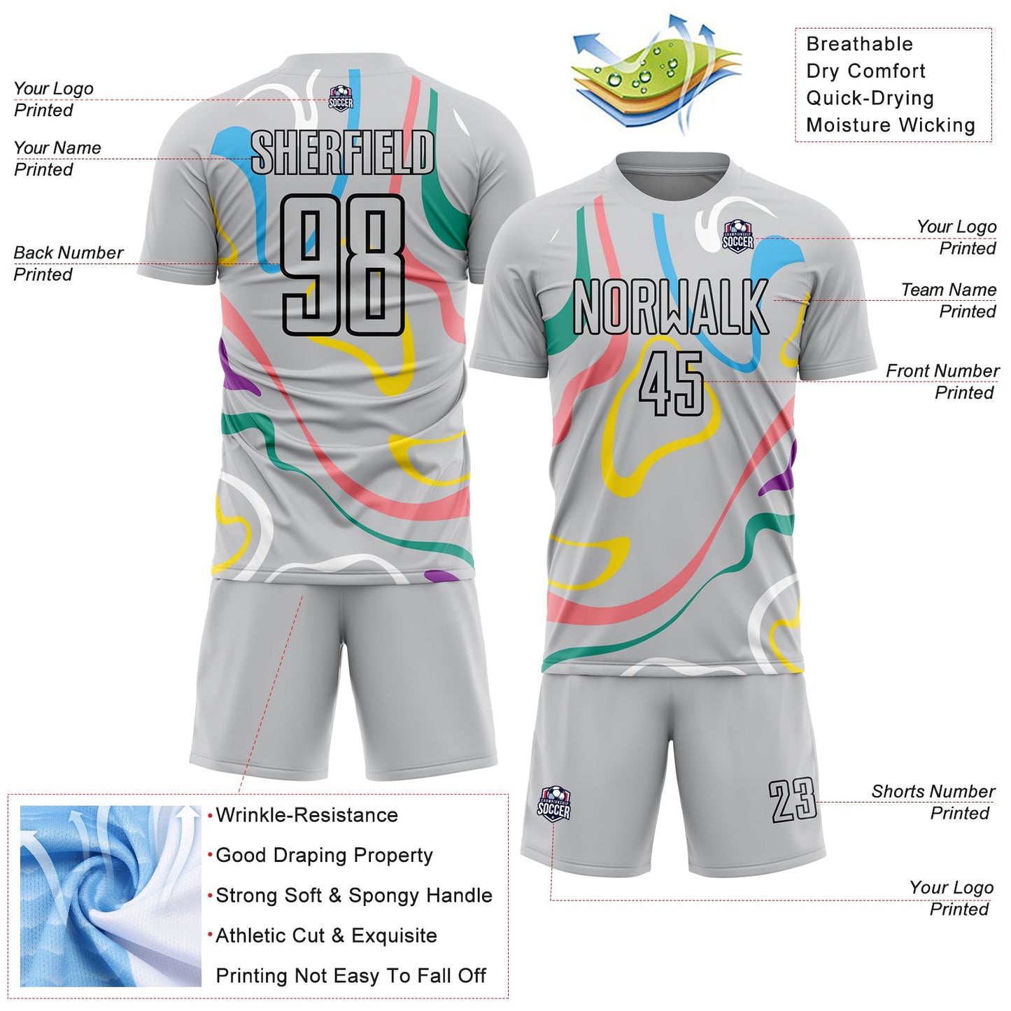 Custom Gray Black Fluid Shapes Sublimation Soccer Uniform Jersey view 4