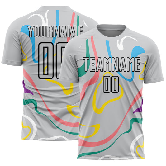 Custom Gray Black Fluid Shapes Sublimation Soccer Uniform Jersey - Main View