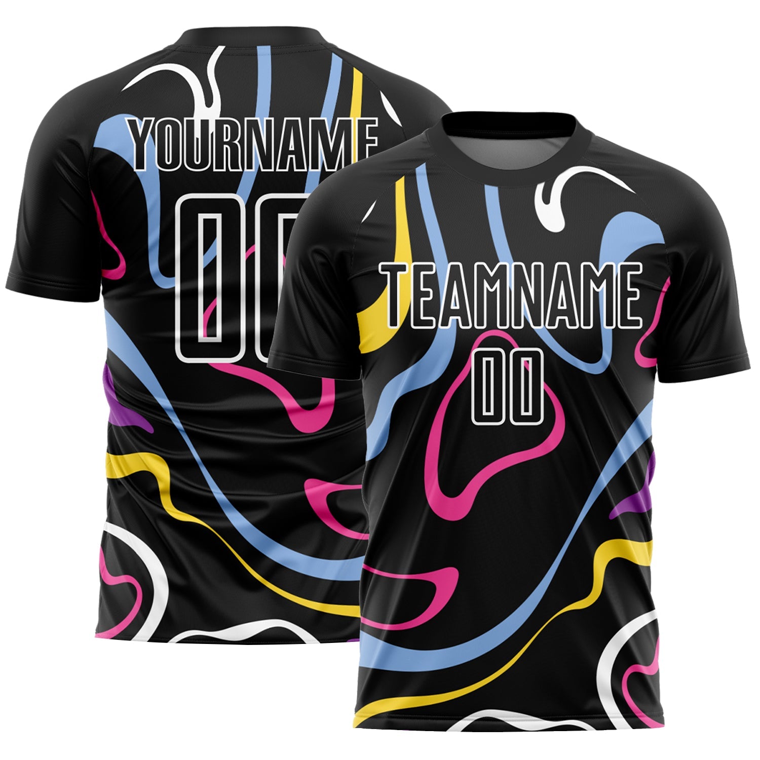 Custom Black White Fluid Shapes Sublimation Soccer Uniform Jersey - Main View