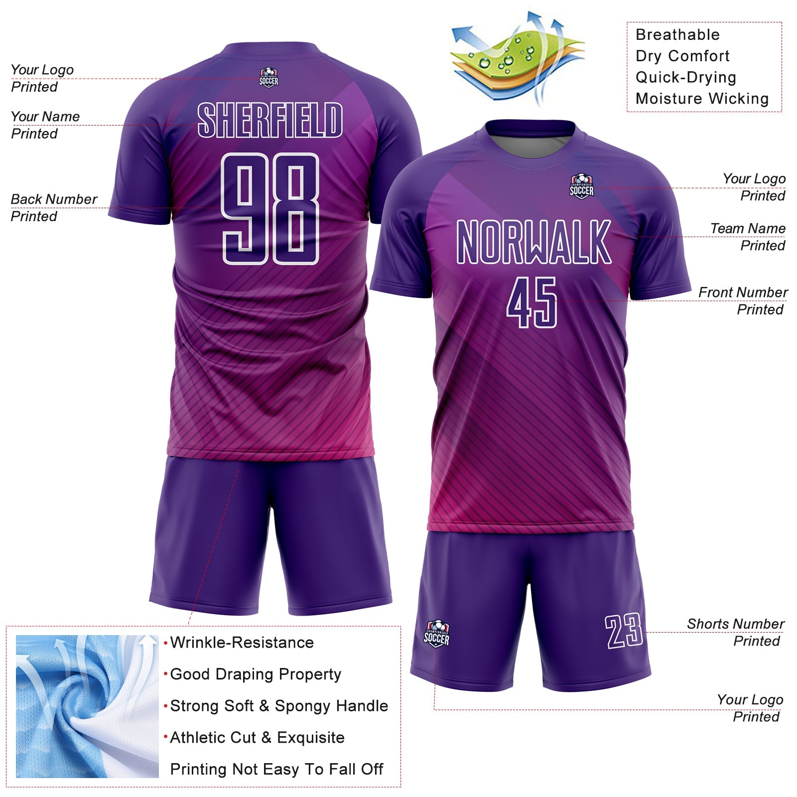 Custom Purple White Lines Sublimation Soccer Uniform Jersey view 4