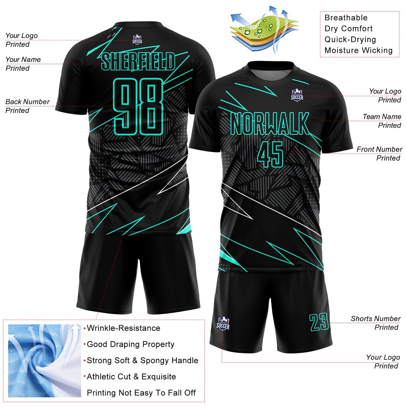 Custom Black Aqua Lines Sublimation Soccer Uniform Jersey view 4