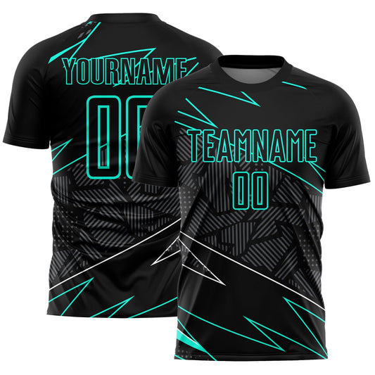 Custom Black Aqua Lines Sublimation Soccer Uniform Jersey - Main View