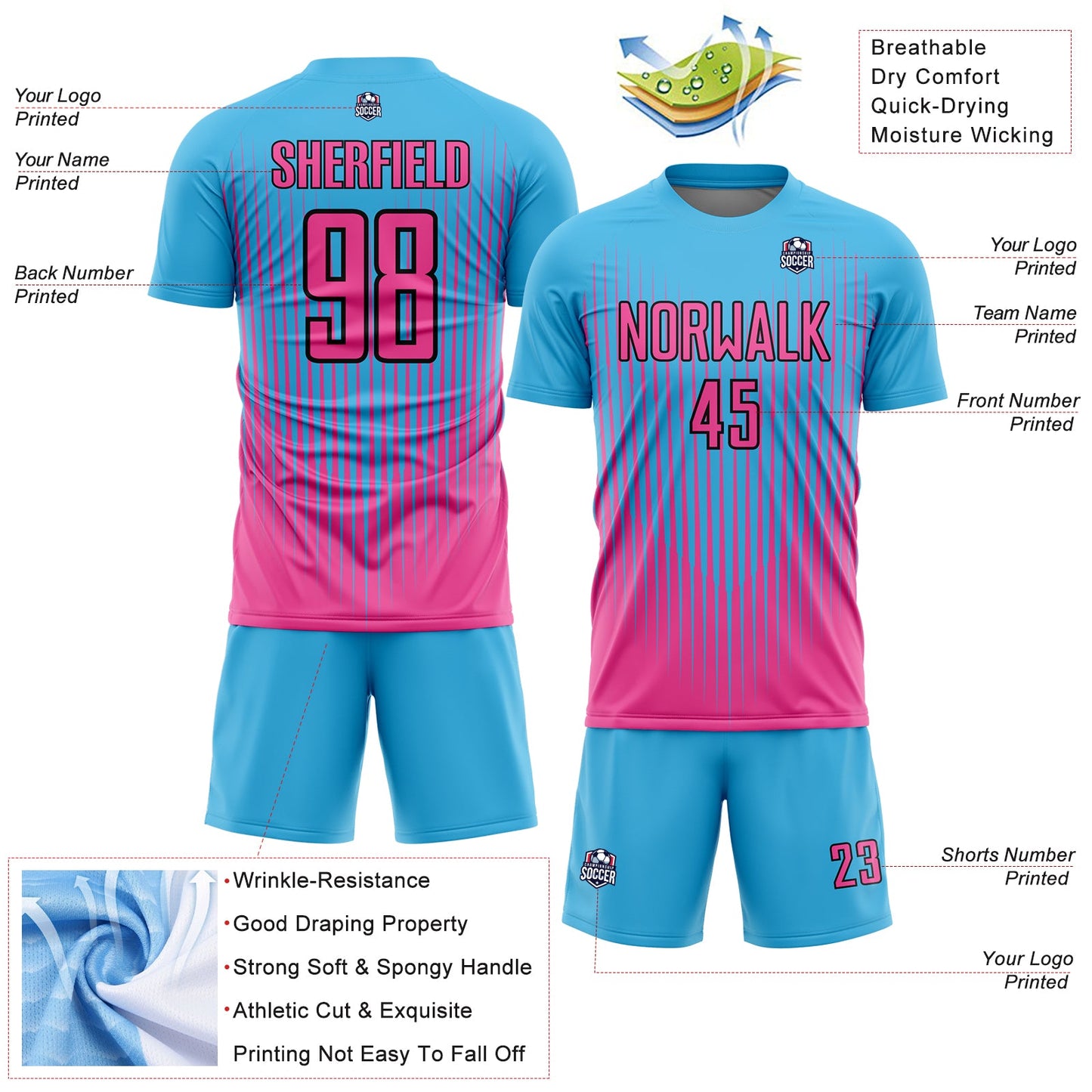 Custom Sky Blue Pink-Black Lines Sublimation Soccer Uniform Jersey view 4