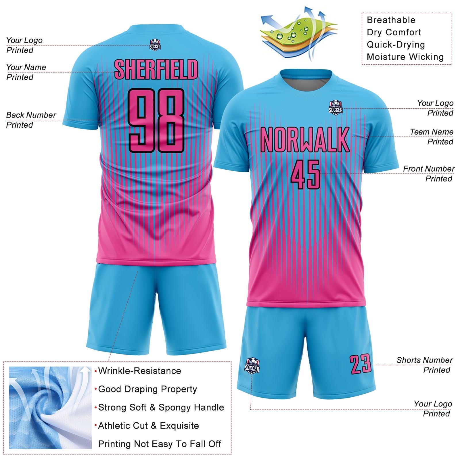 Custom Sky Blue Pink-Black Lines Sublimation Soccer Uniform Jersey view 4