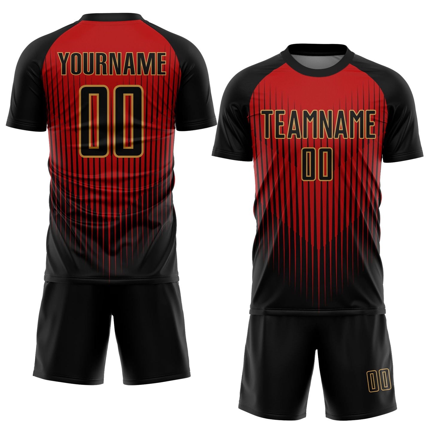 Custom Black Red-Old Gold Lines Sublimation Soccer Uniform Jersey view 2