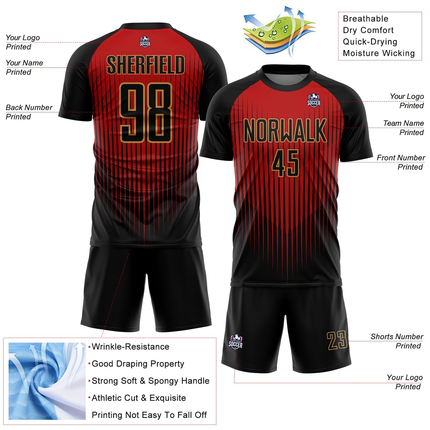 Custom Black Red-Old Gold Lines Sublimation Soccer Uniform Jersey view 4