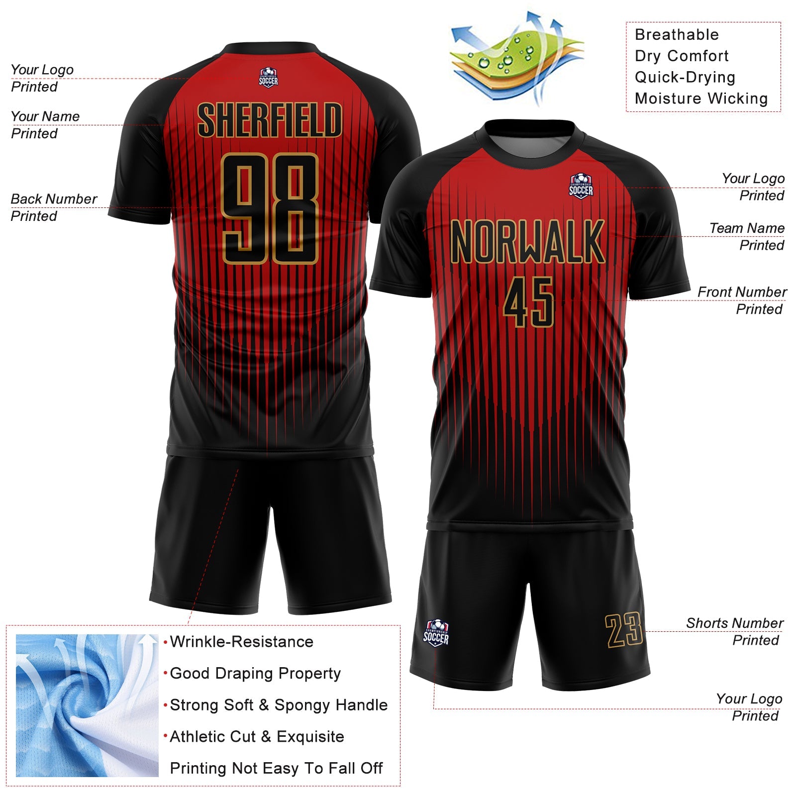 Custom Black Red-Old Gold Lines Sublimation Soccer Uniform Jersey view 4