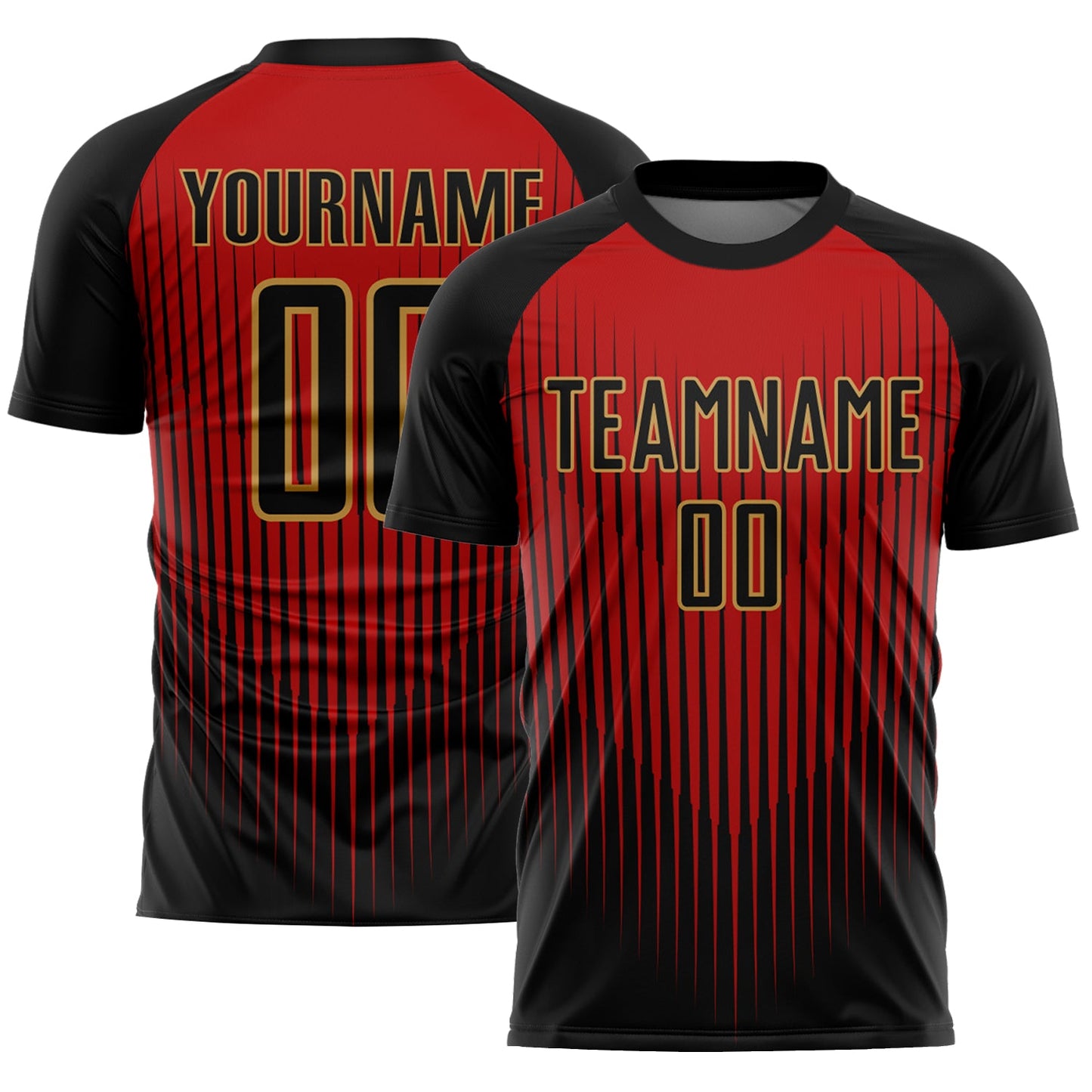 Custom Black Red-Old Gold Lines Sublimation Soccer Uniform Jersey - Main View