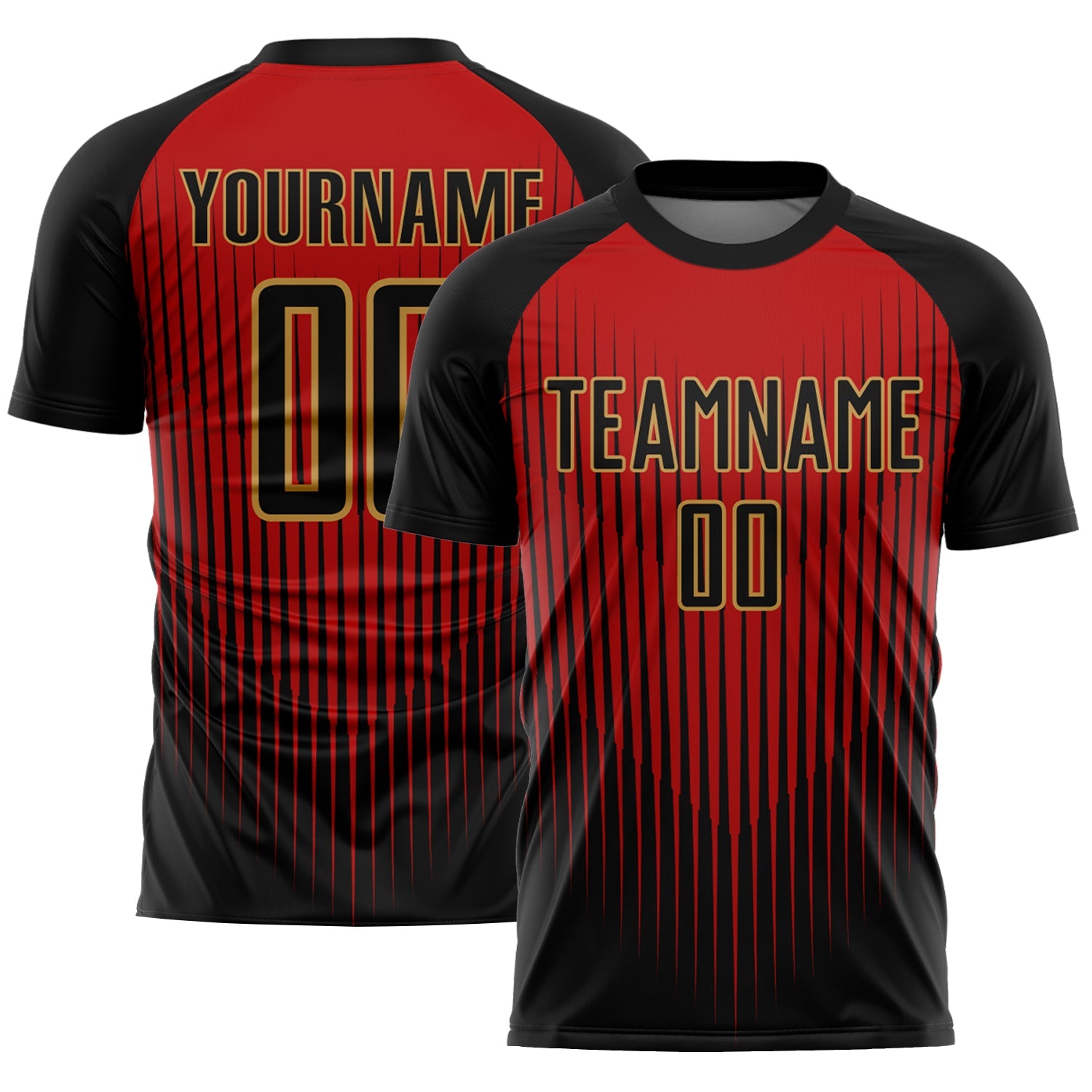 Custom Black Red-Old Gold Lines Sublimation Soccer Uniform Jersey - Main View
