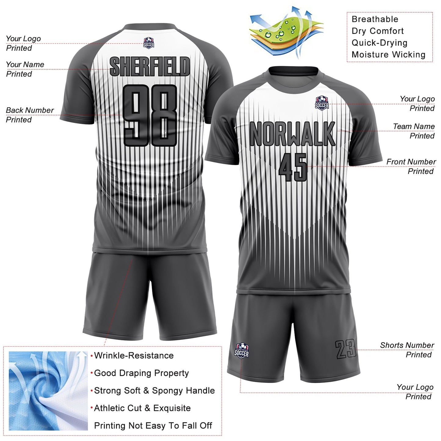 Custom Gray White-Black Lines Sublimation Soccer Uniform Jersey view 4