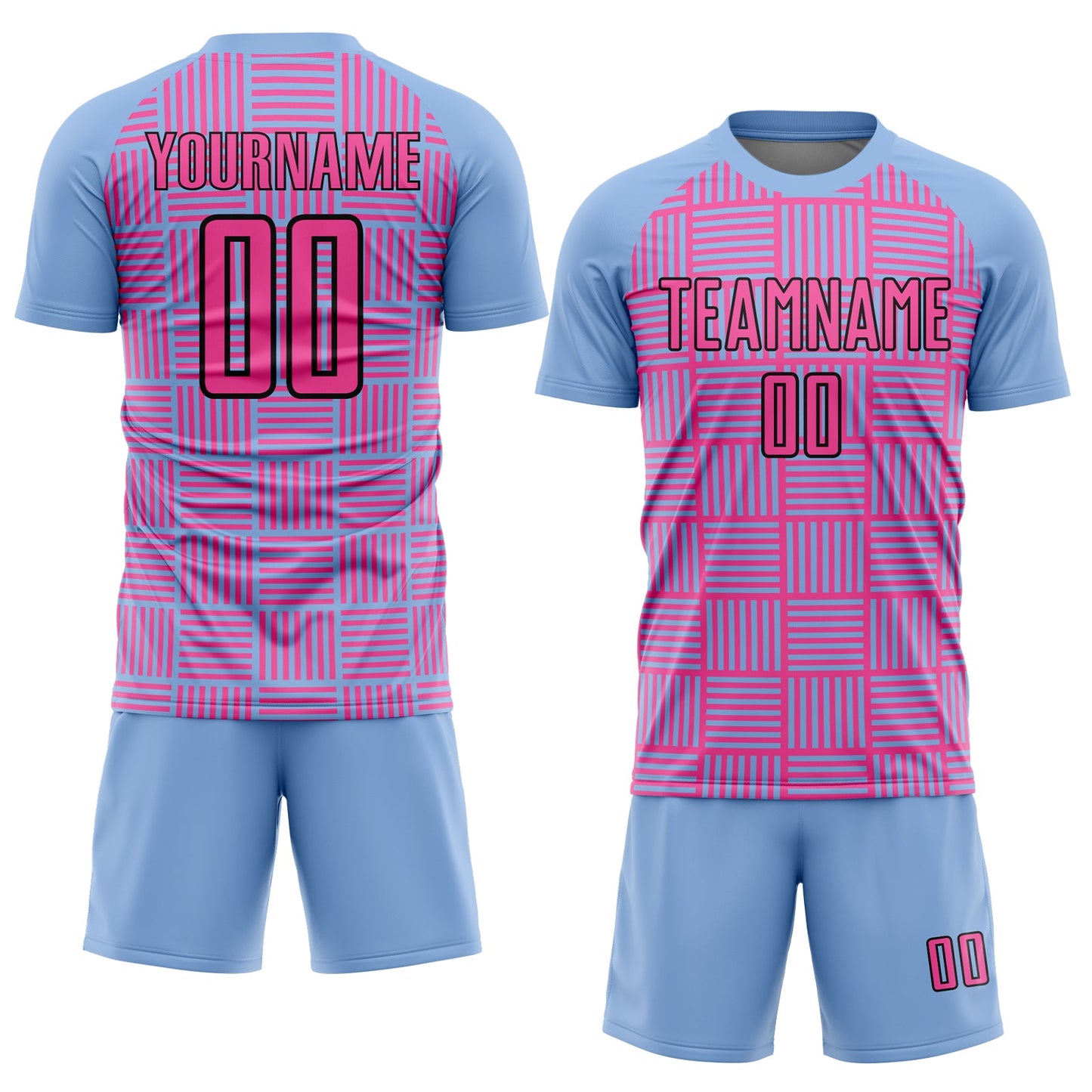 Custom Light Blue Pink-Black Lines Sublimation Soccer Uniform Jersey view 2