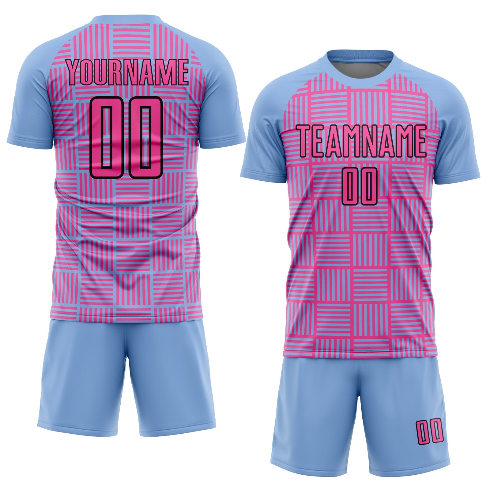 Custom Light Blue Pink-Black Lines Sublimation Soccer Uniform Jersey view 2