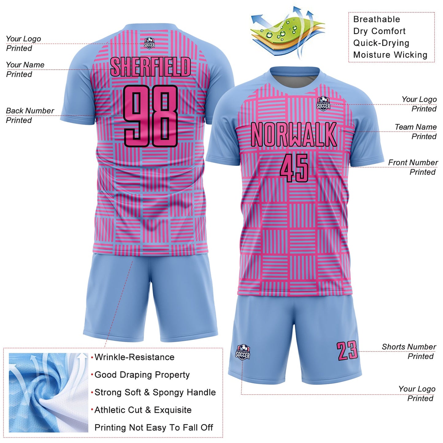 Custom Light Blue Pink-Black Lines Sublimation Soccer Uniform Jersey view 4