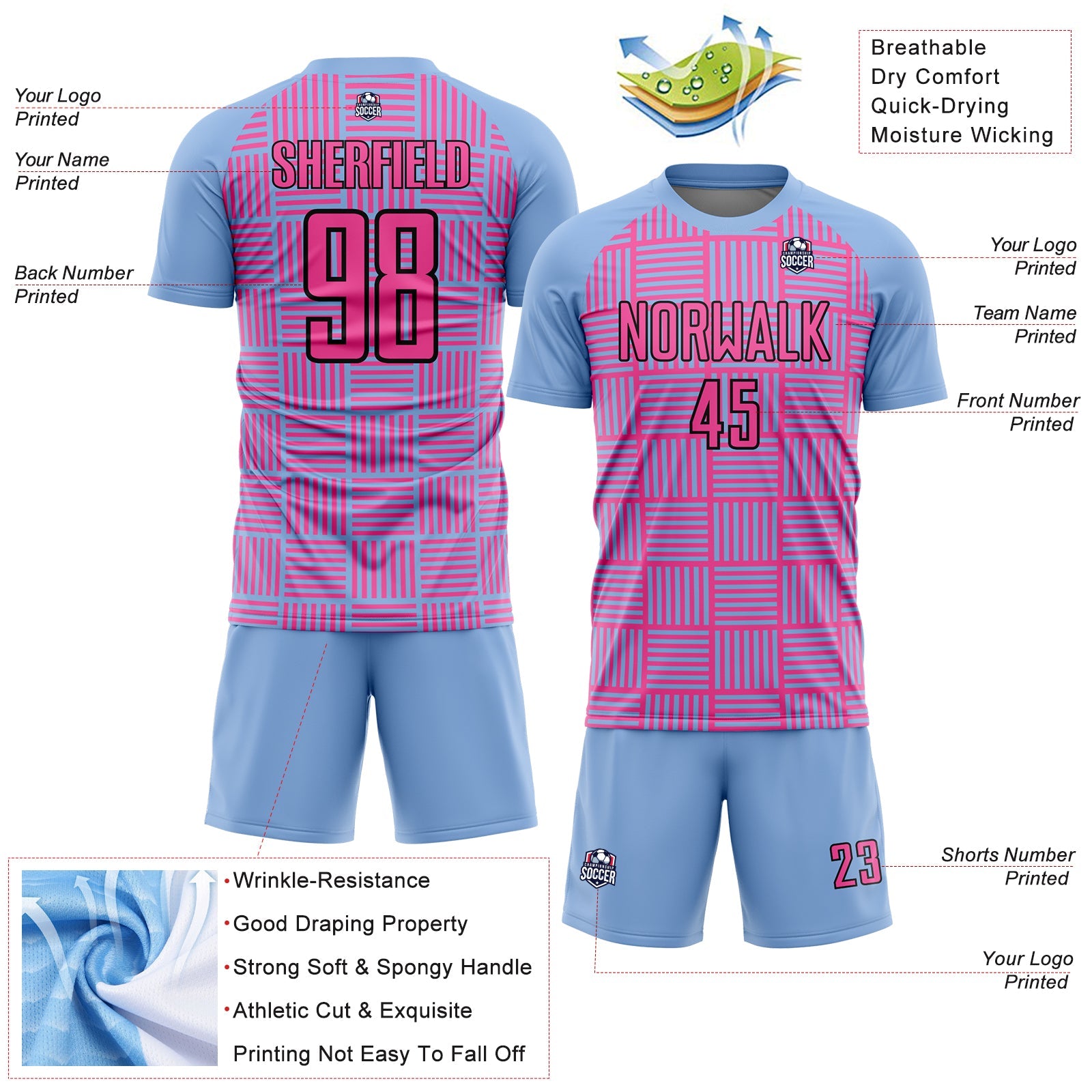 Custom Light Blue Pink-Black Lines Sublimation Soccer Uniform Jersey view 4