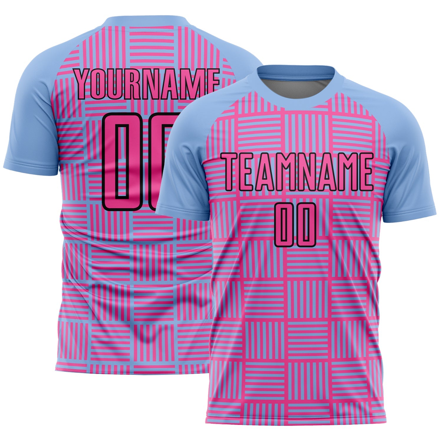 Custom Light Blue Pink-Black Lines Sublimation Soccer Uniform Jersey - Main View