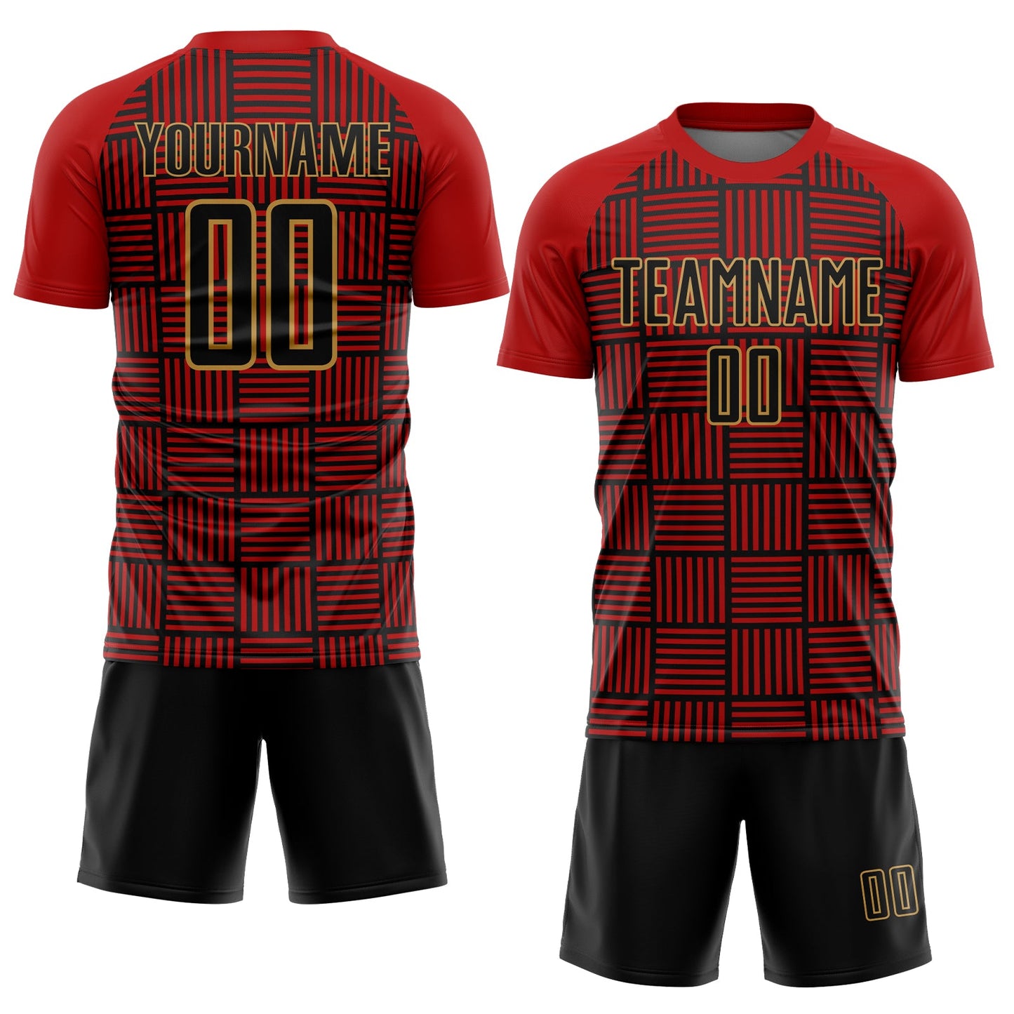 Custom Red Black-Old Gold Lines Sublimation Soccer Uniform Jersey view 2