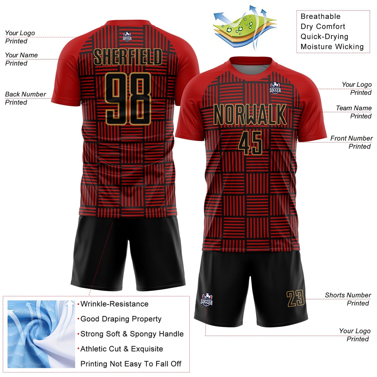 Custom Red Black-Old Gold Lines Sublimation Soccer Uniform Jersey view 4