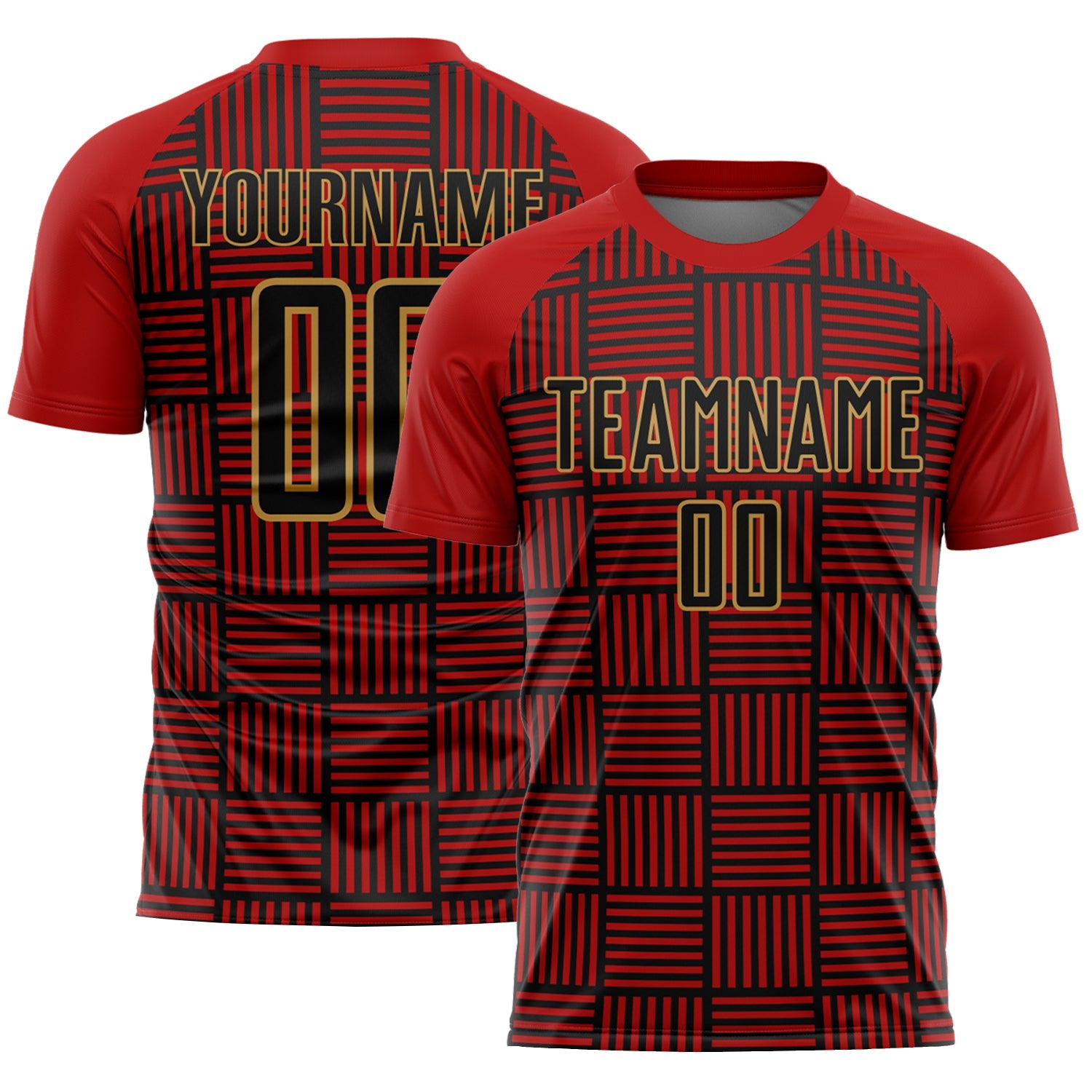 Custom Red Black-Old Gold Lines Sublimation Soccer Uniform Jersey - Main View