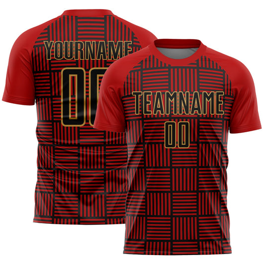 Custom Red Black-Old Gold Lines Sublimation Soccer Uniform Jersey - Main View