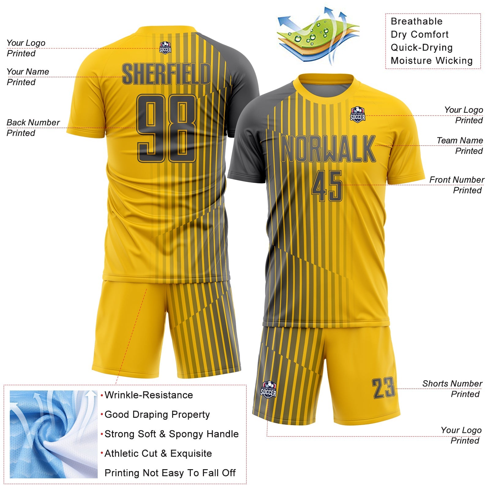 Custom Yellow Steel Gray Lines Sublimation Soccer Uniform Jersey view 4
