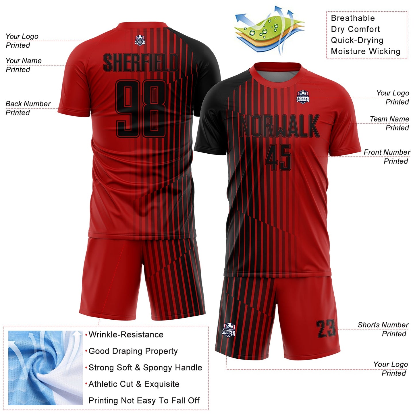 Custom Red Black Lines Sublimation Soccer Uniform Jersey view 4