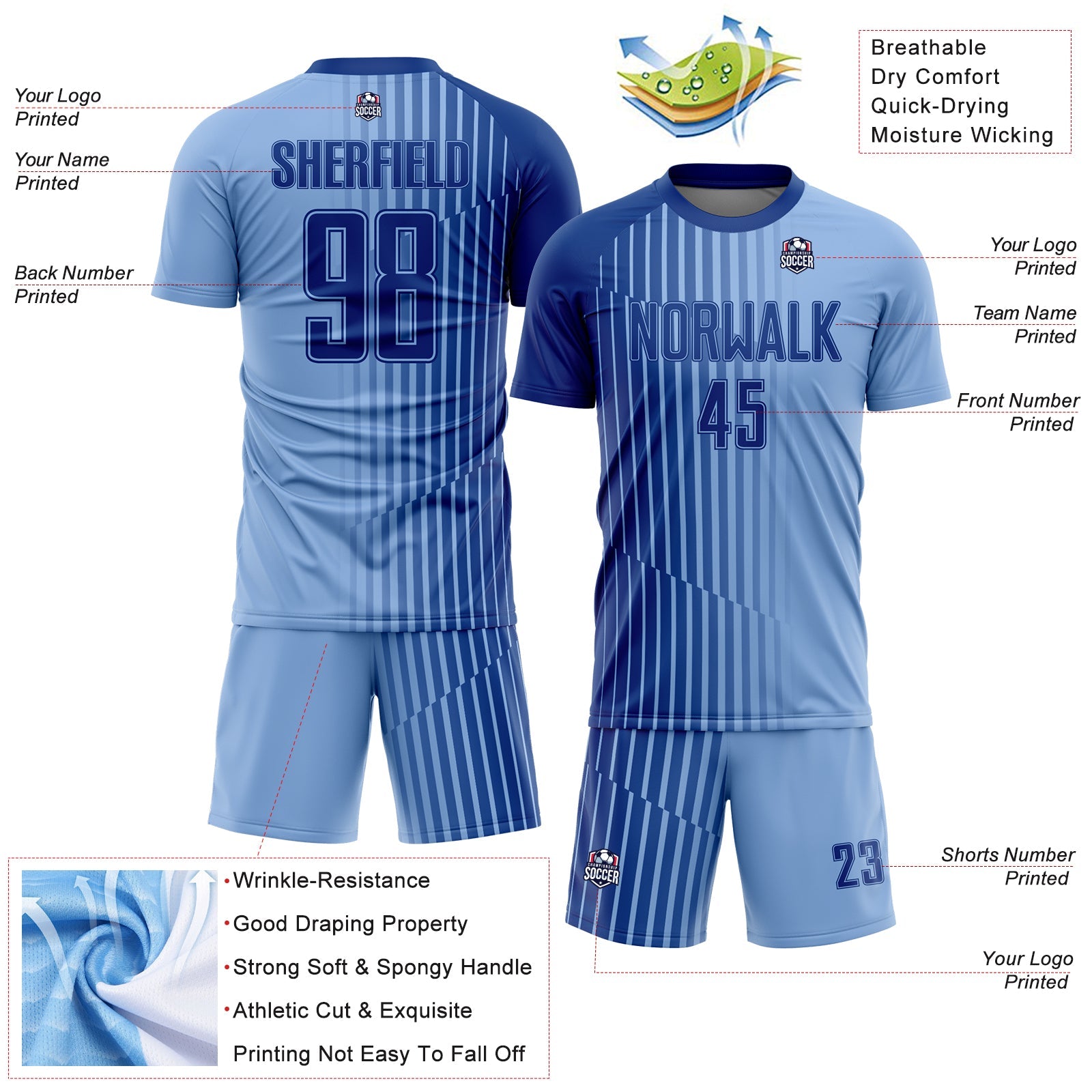Custom Light Blue Royal Lines Sublimation Soccer Uniform Jersey view 4