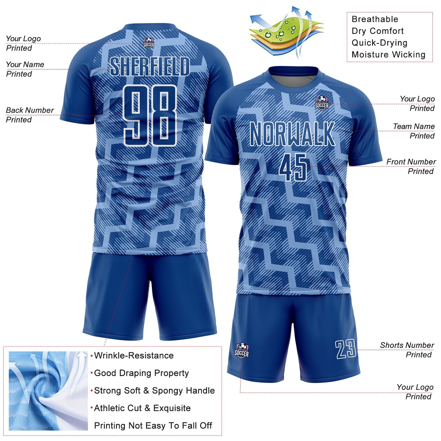 Custom Royal Light Blue-White Lines Sublimation Soccer Uniform Jersey view 4