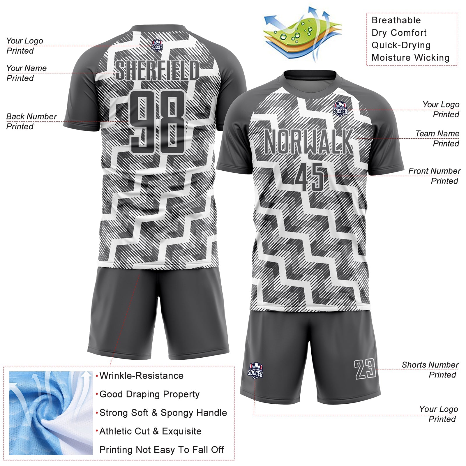Custom Steel Gray White Lines Sublimation Soccer Uniform Jersey view 4
