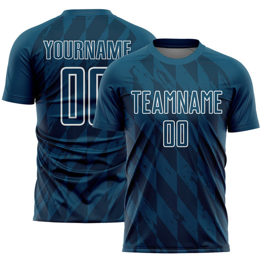 Custom Navy White Geometric Shapes Sublimation Soccer Uniform Jersey - Main View