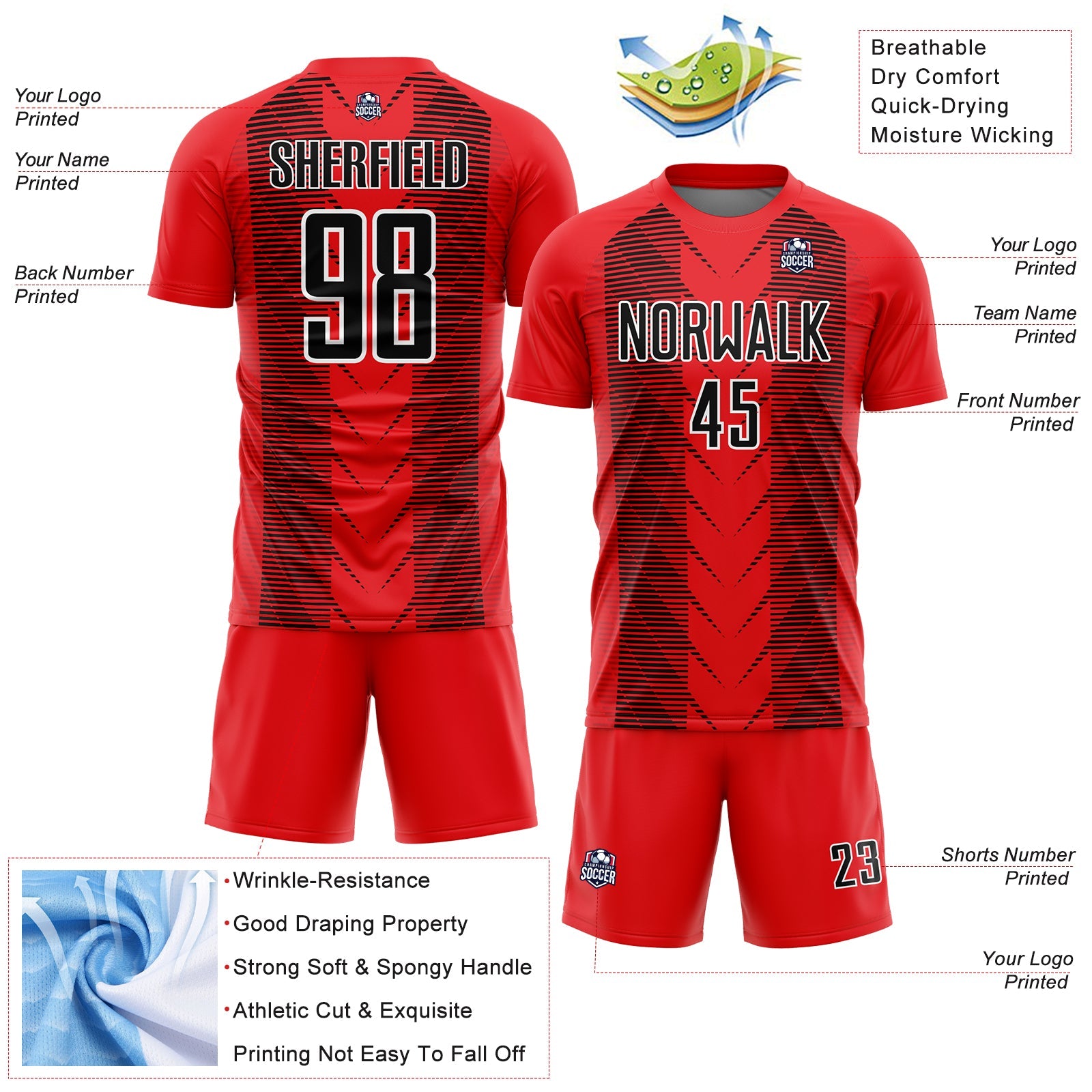 Custom Fire Red Black-White Lines Sublimation Soccer Uniform Jersey view 4