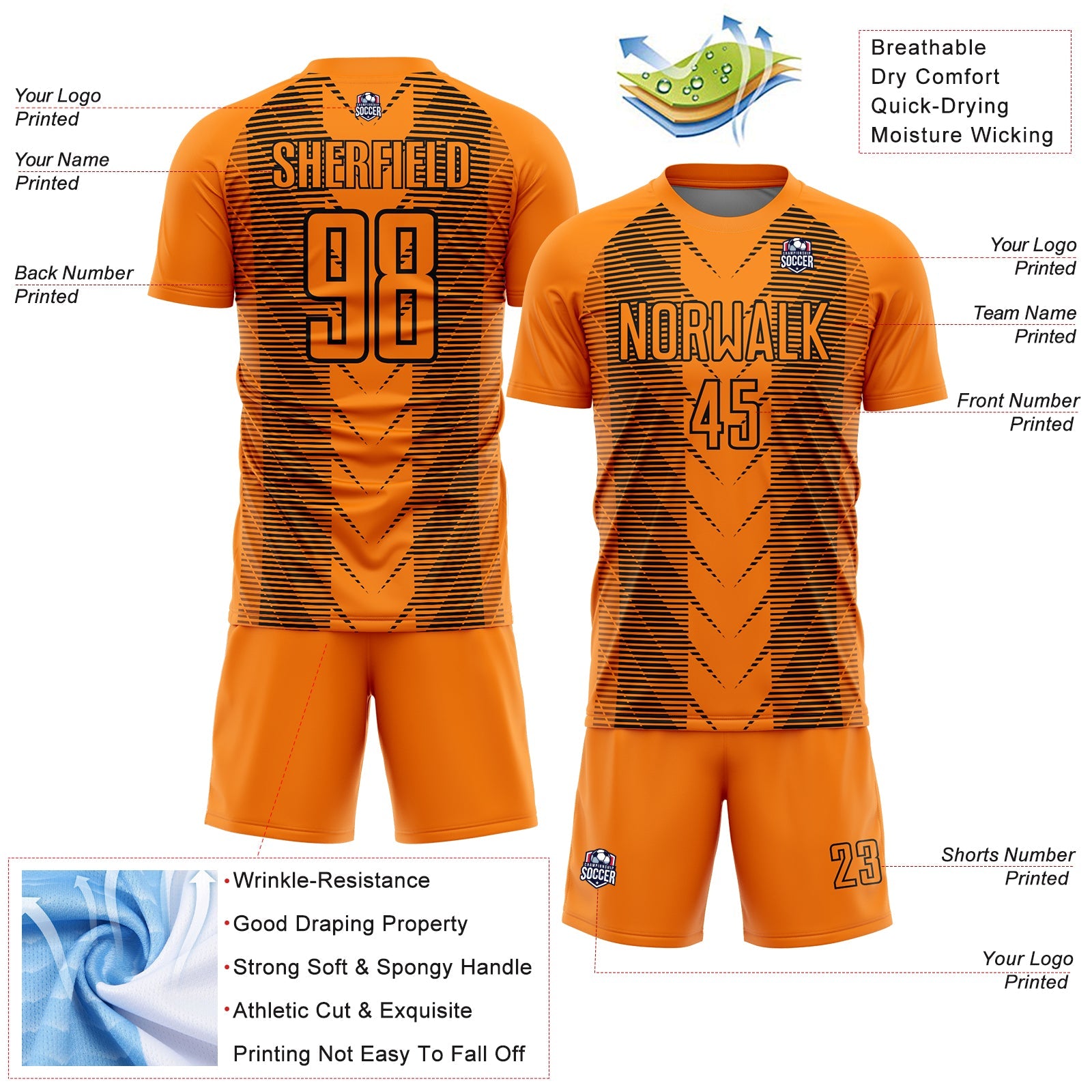 Custom Bay Orange Black Lines Sublimation Soccer Uniform Jersey view 4