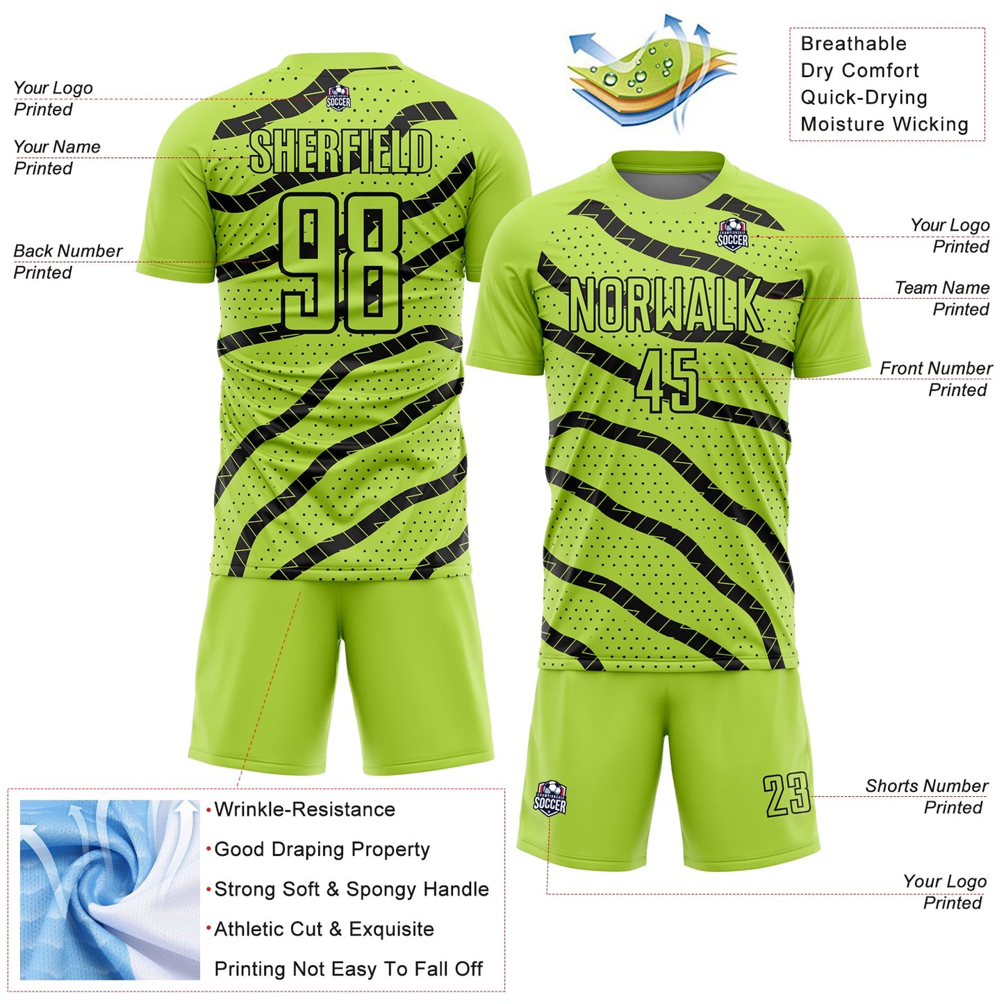 Custom Neon Green Black Lines And Dots Sublimation Soccer Uniform Jersey view 4