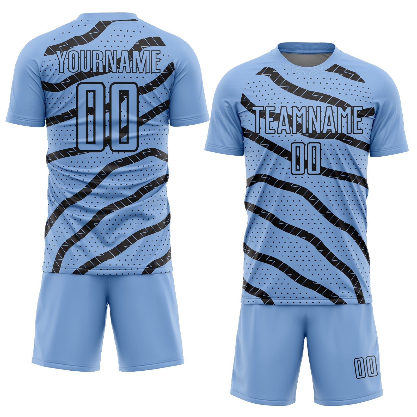 Custom Light Blue Black Lines And Dots Sublimation Soccer Uniform Jersey view 2