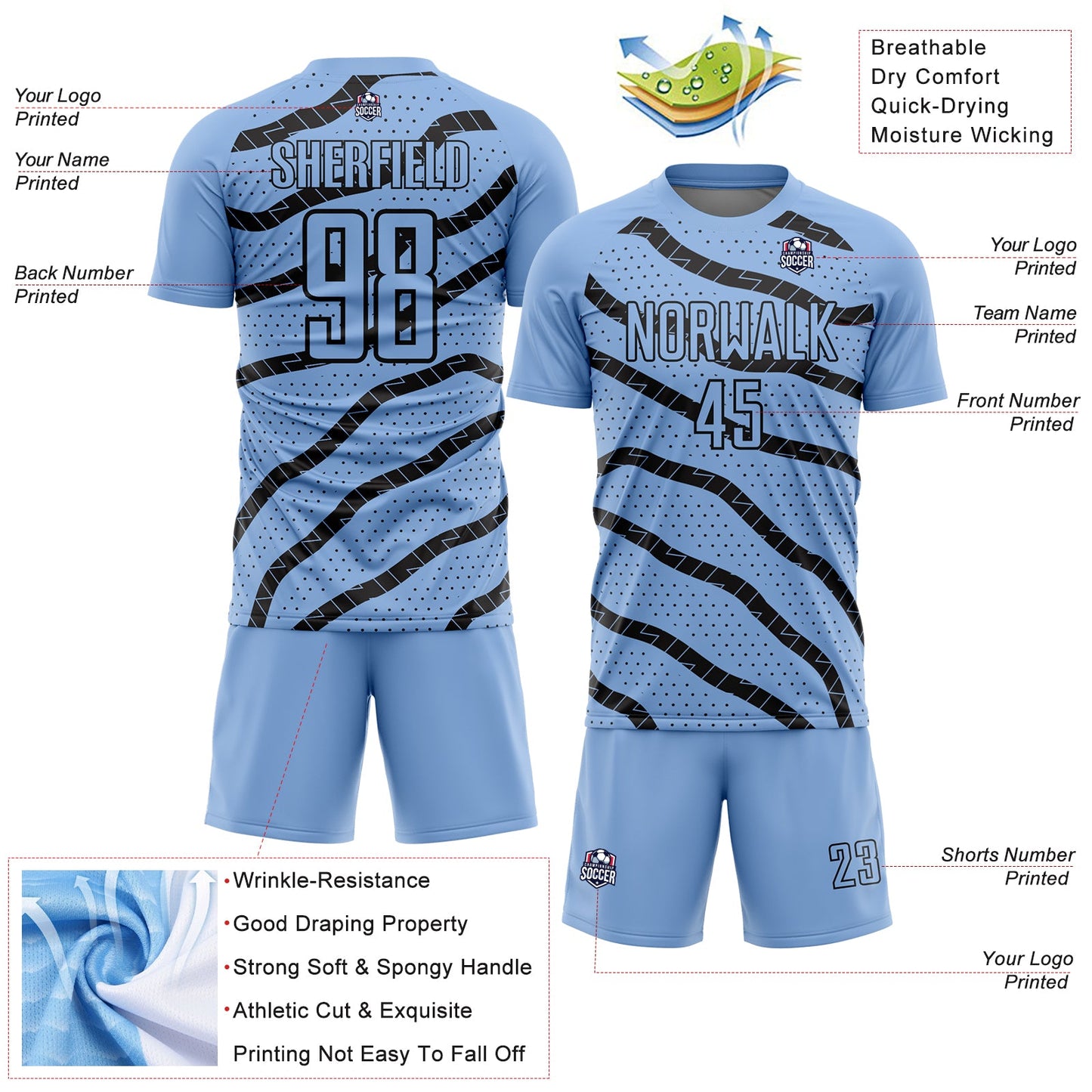 Custom Light Blue Black Lines And Dots Sublimation Soccer Uniform Jersey view 4