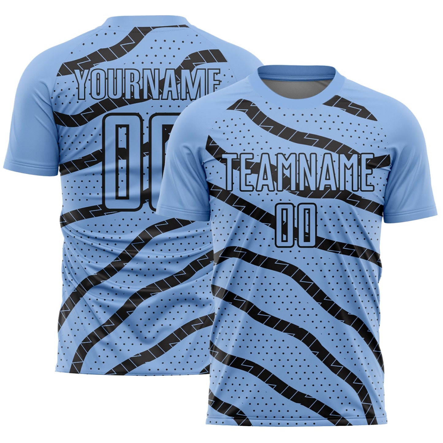 Custom Light Blue Black Lines And Dots Sublimation Soccer Uniform Jersey - Main View