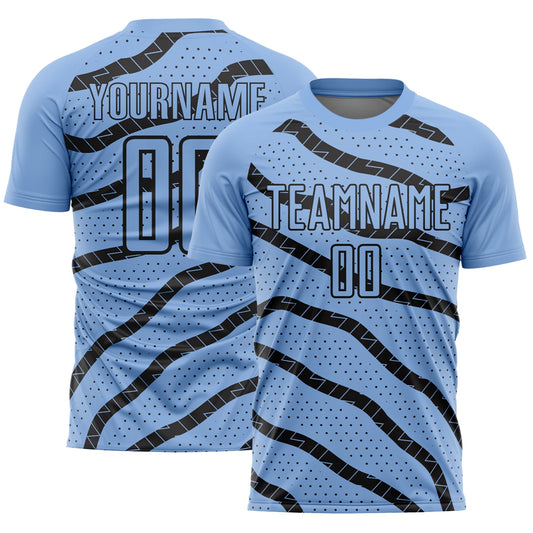 Custom Light Blue Black Lines And Dots Sublimation Soccer Uniform Jersey - Main View