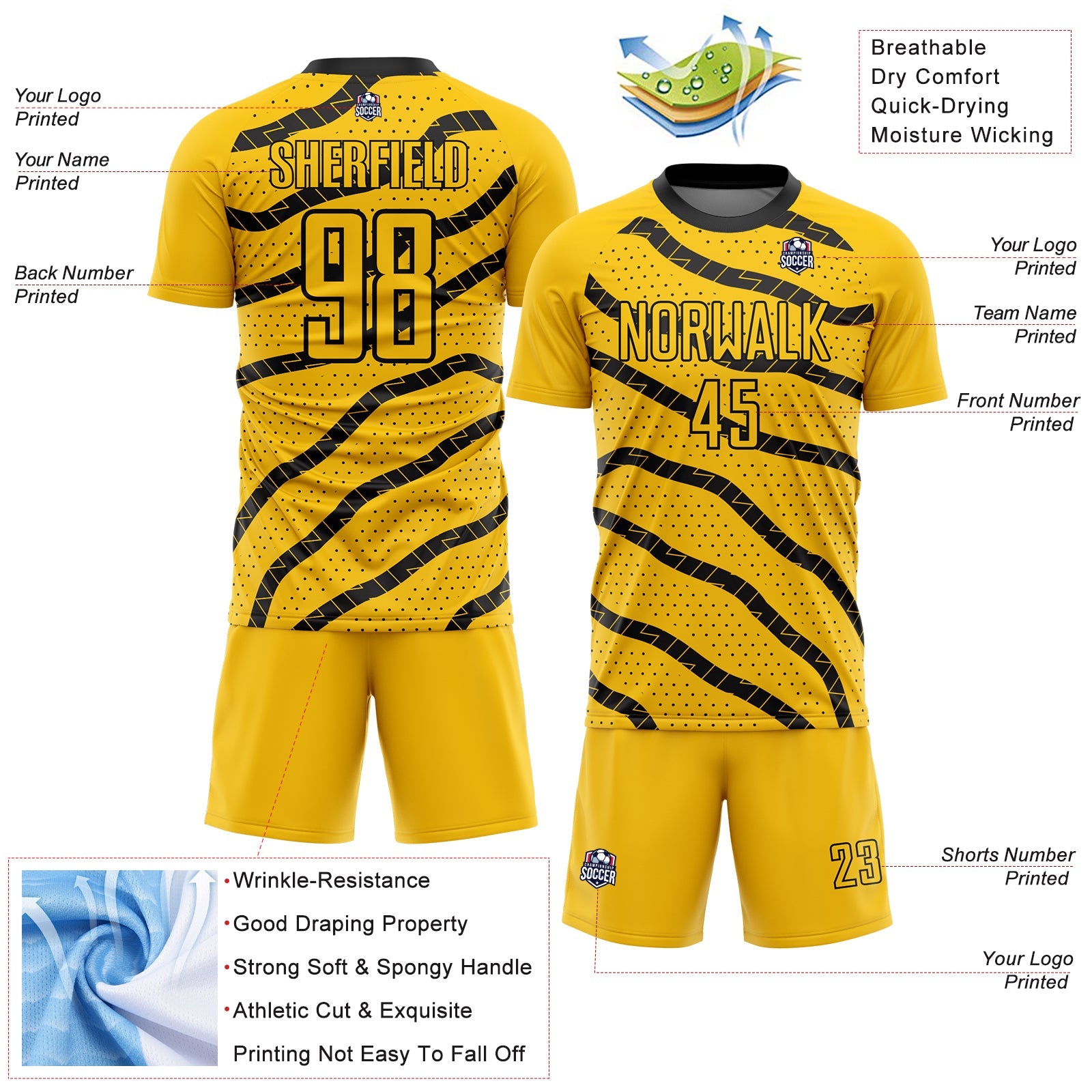 Custom Yellow Black Lines And Dots Sublimation Soccer Uniform Jersey view 4