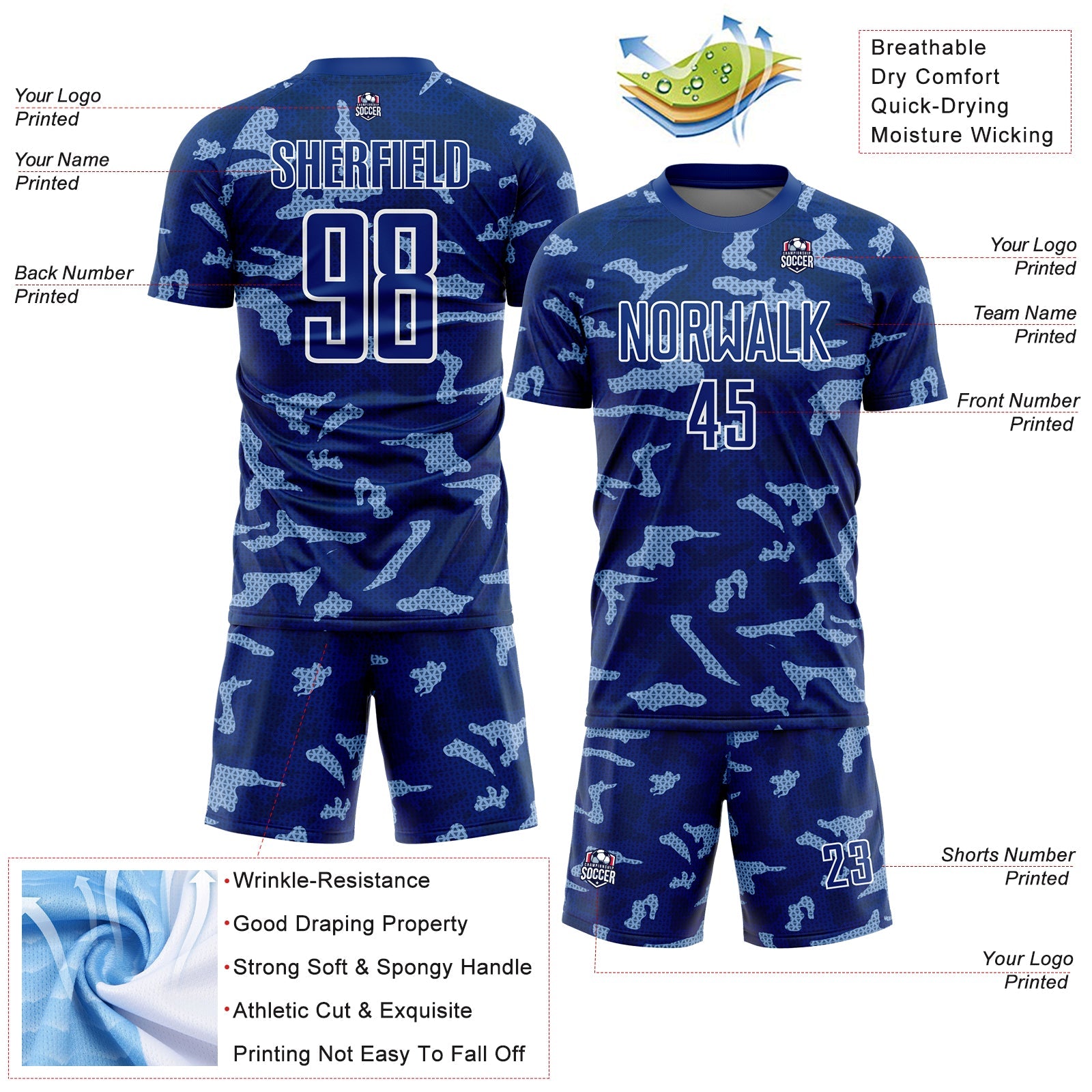 Custom Royal White Geometric Shapes Sublimation Soccer Uniform Jersey view 4