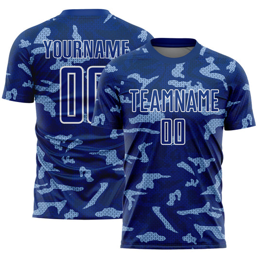 Custom Royal White Geometric Shapes Sublimation Soccer Uniform Jersey - Main View