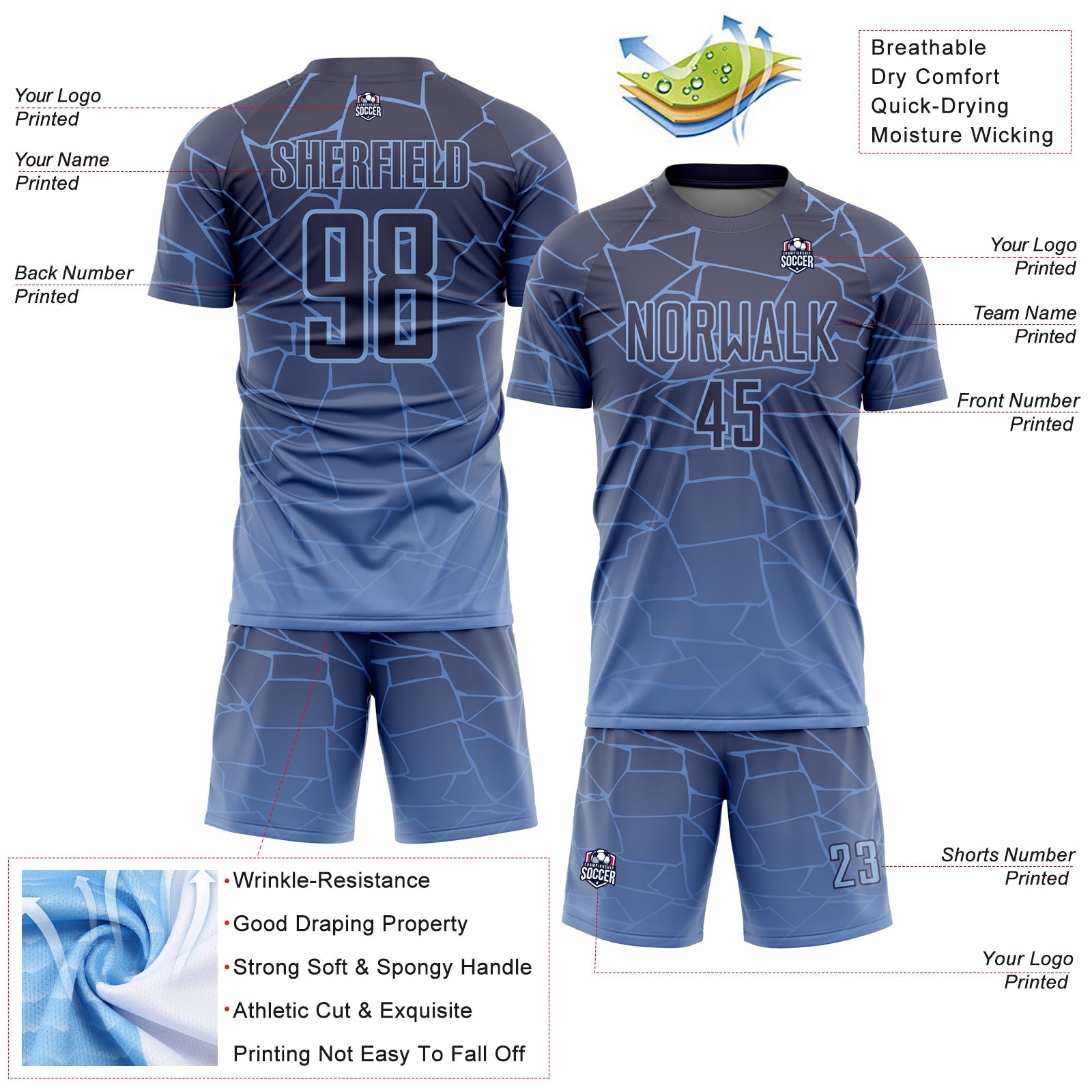 Custom Light Blue Gray Lines Sublimation Soccer Uniform Jersey view 4