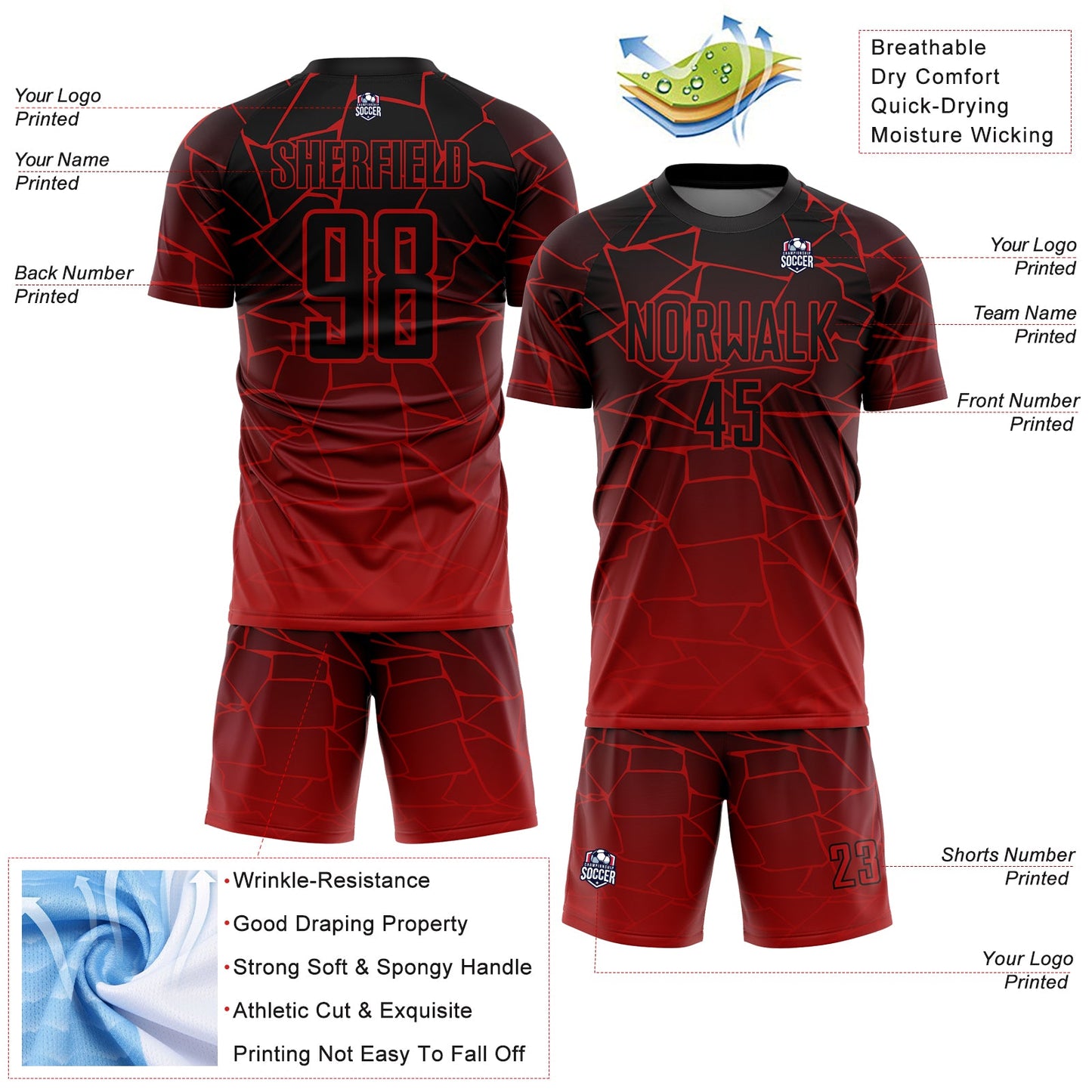 Custom Red Black Lines Sublimation Soccer Uniform Jersey view 4