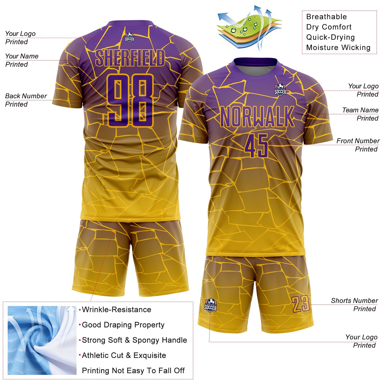 Custom Gold Purple Lines Sublimation Soccer Uniform Jersey view 4