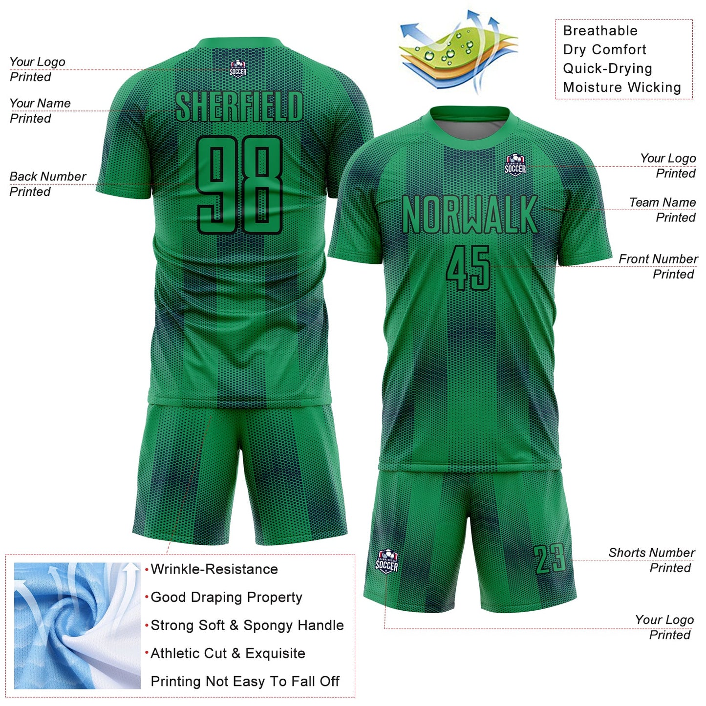 Custom Kelly Green Black Geometric Shapes Sublimation Soccer Uniform Jersey view 4