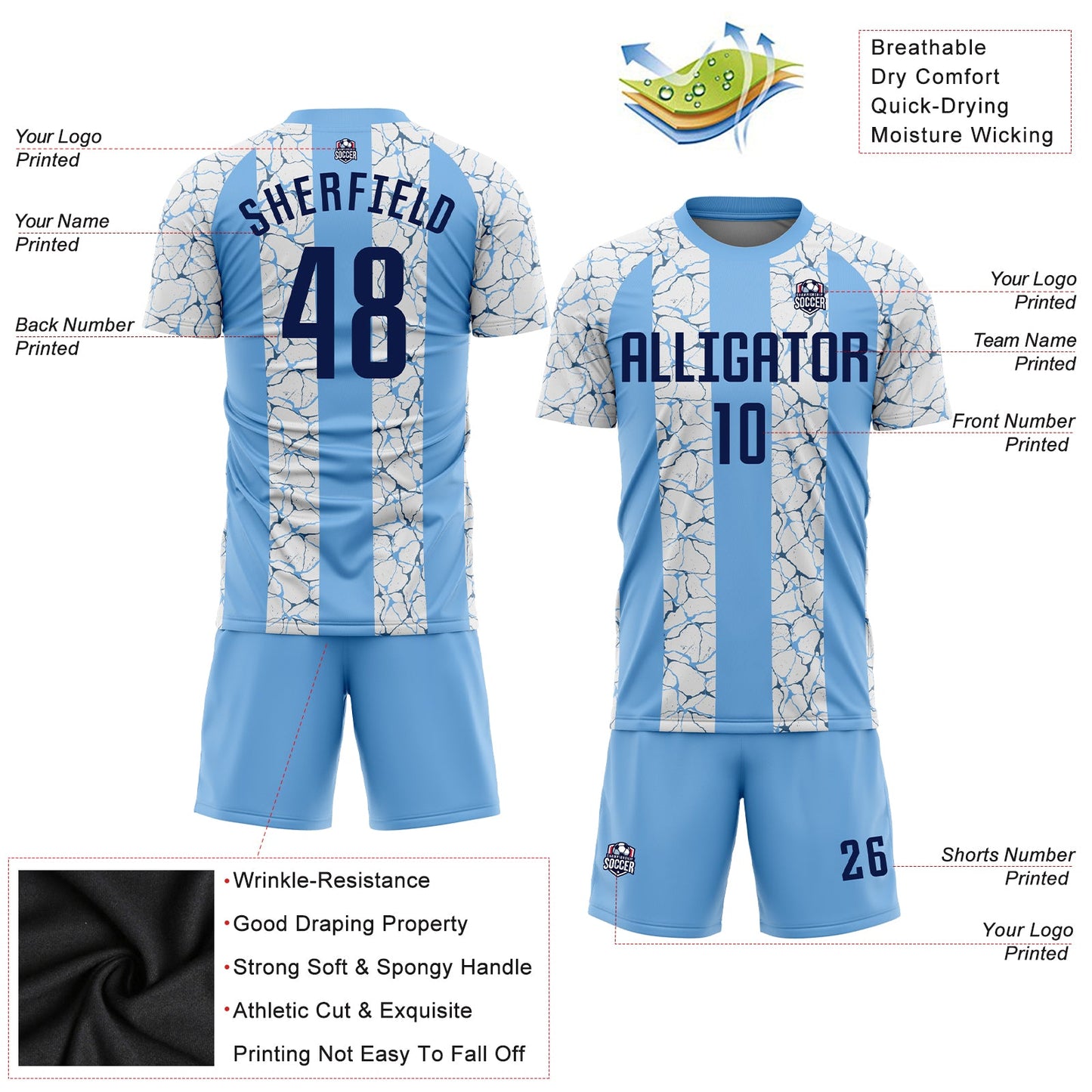 Custom Light Blue Navy-White Sublimation Soccer Uniform Jersey view 4