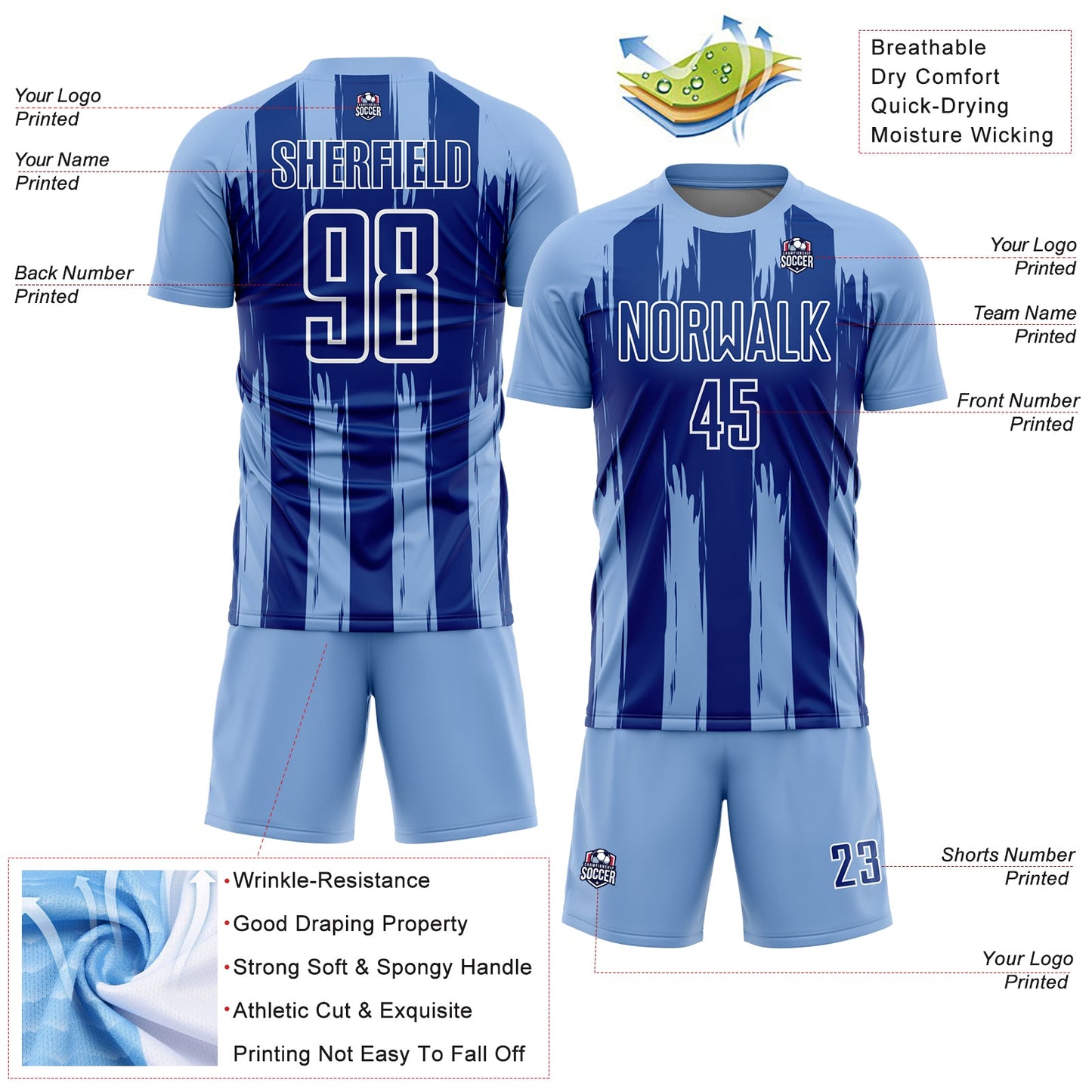 Custom Light Blue Royal-White Abstract Stripes Sublimation Soccer Uniform Jersey view 4