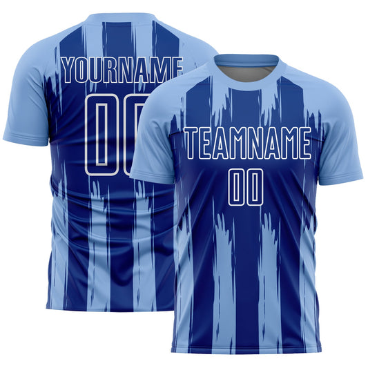 Custom Light Blue Royal-White Abstract Stripes Sublimation Soccer Uniform Jersey - Main View
