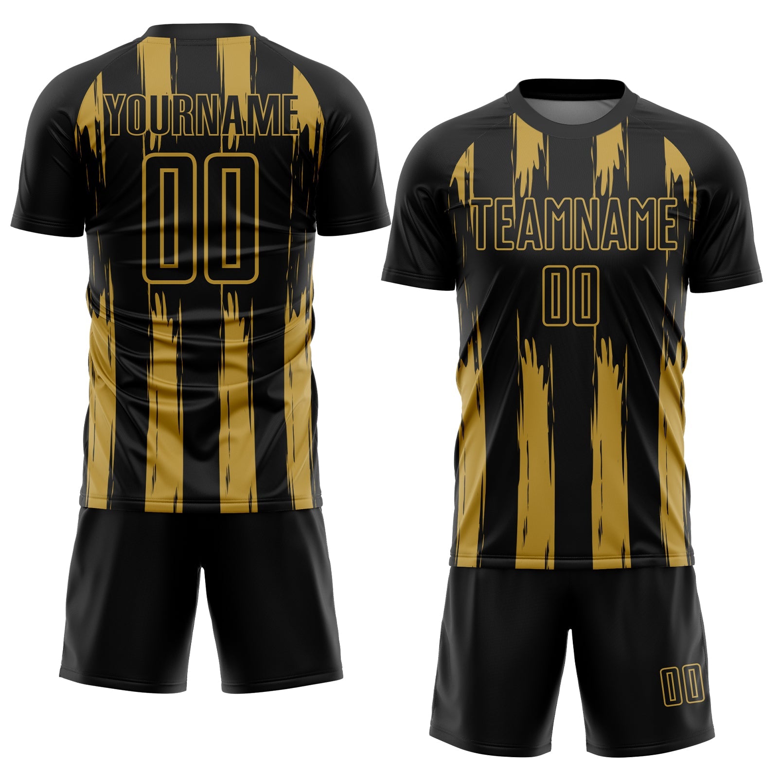 Custom Black Old Gold Abstract Stripes Sublimation Soccer Uniform Jersey view 2